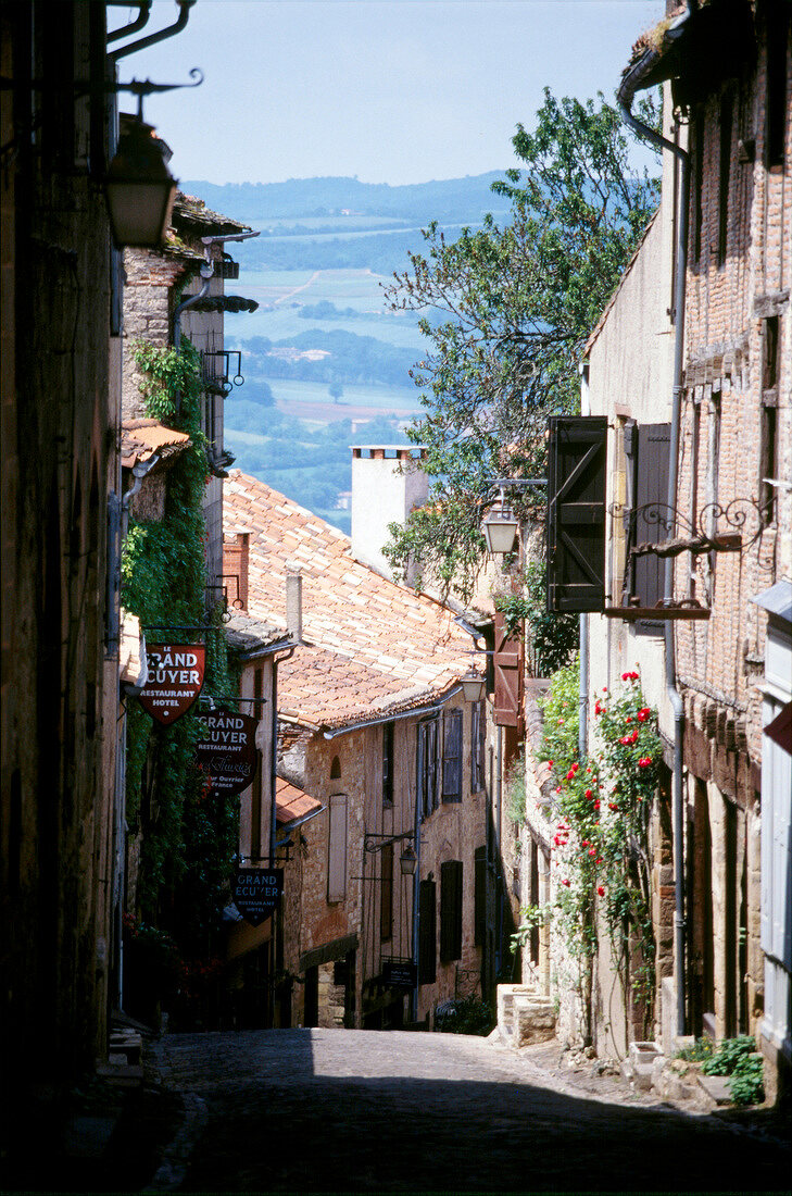 View of medieval street in Cordes, France