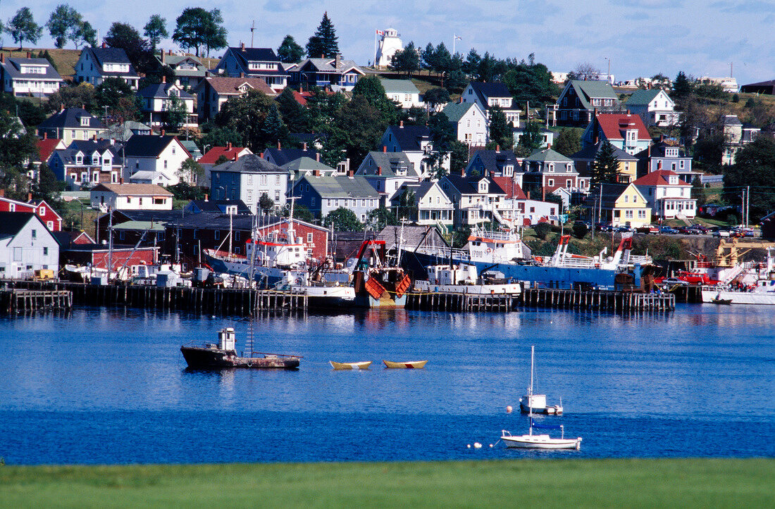 View of sea overlooking fishing village of Lunenburg in Canada