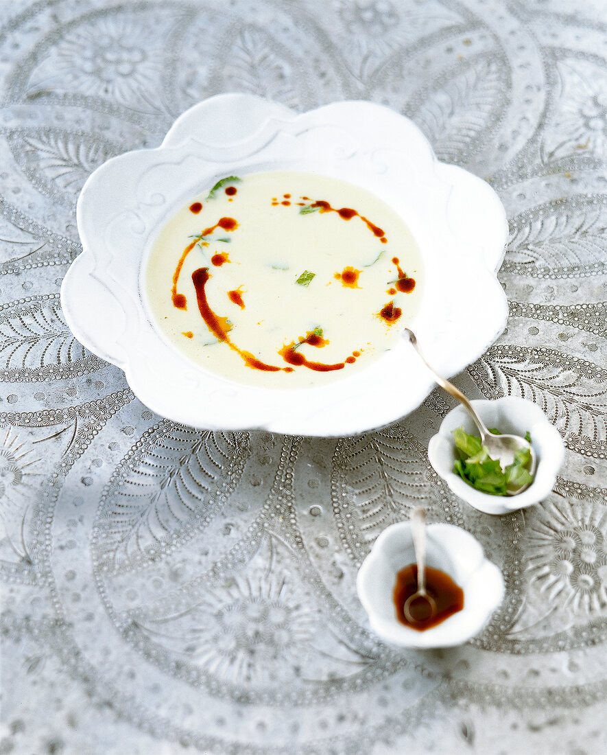 Close-up of Turkish wedding soup in bowl