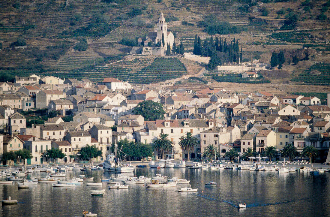 View of port and town of Vis island in Croatia