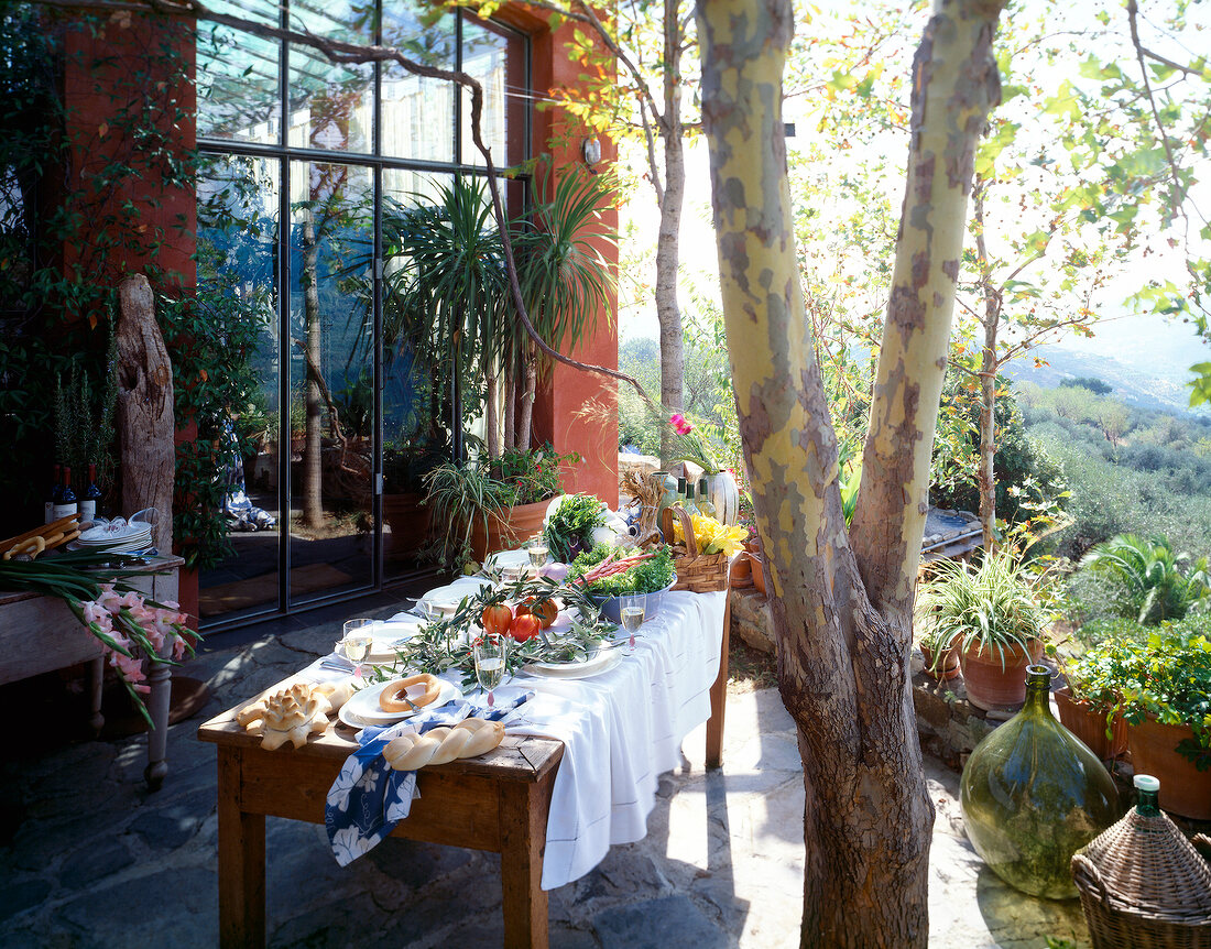 Long table laid with food on Mediterranean terrace