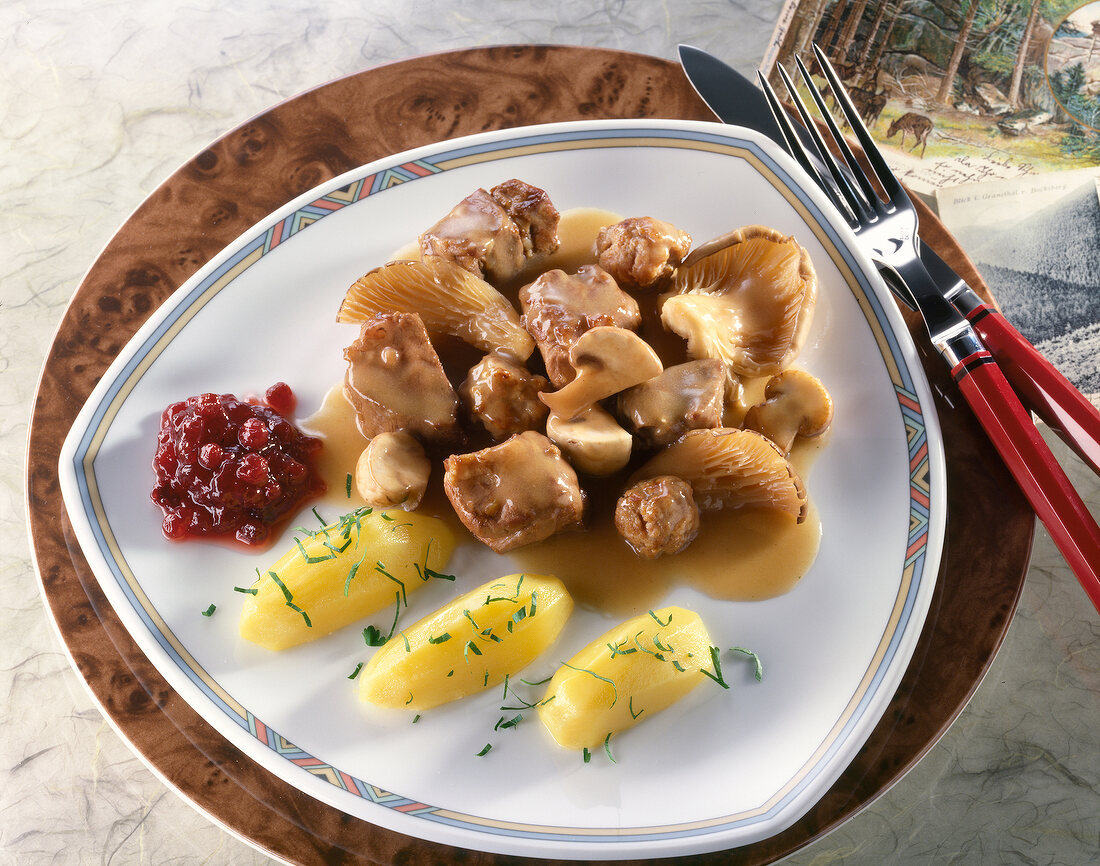 Wild boar stew with potatoes and cranberries on plate