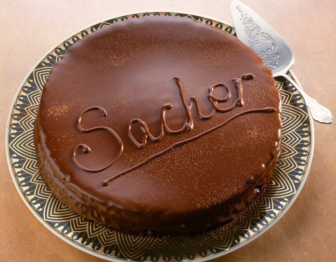 Sachertorte mit Aprikosen-Konfitüre. 