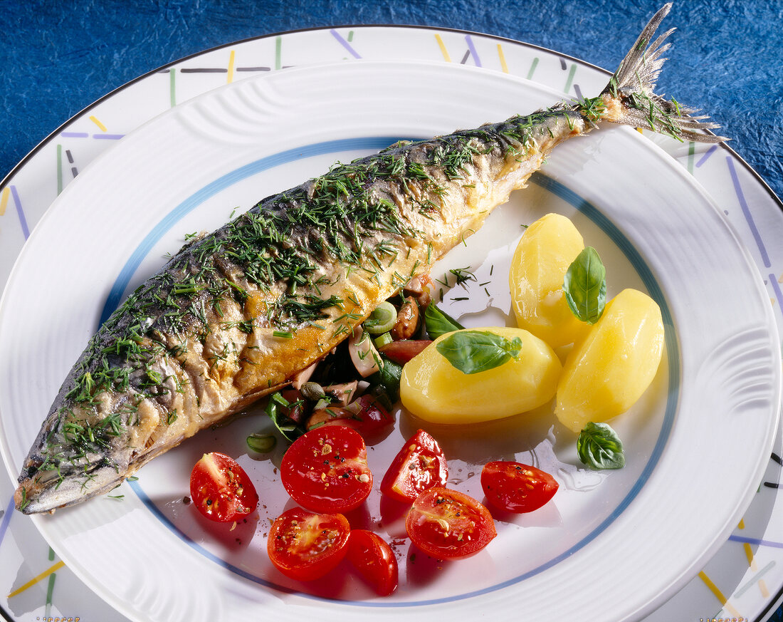 Makrele mit Pilz-Tomaten-Füllung, Kartoffeln und Tomaten auf Teller