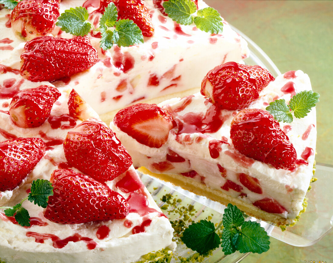 Close-up of strawberry cake with curd cream
