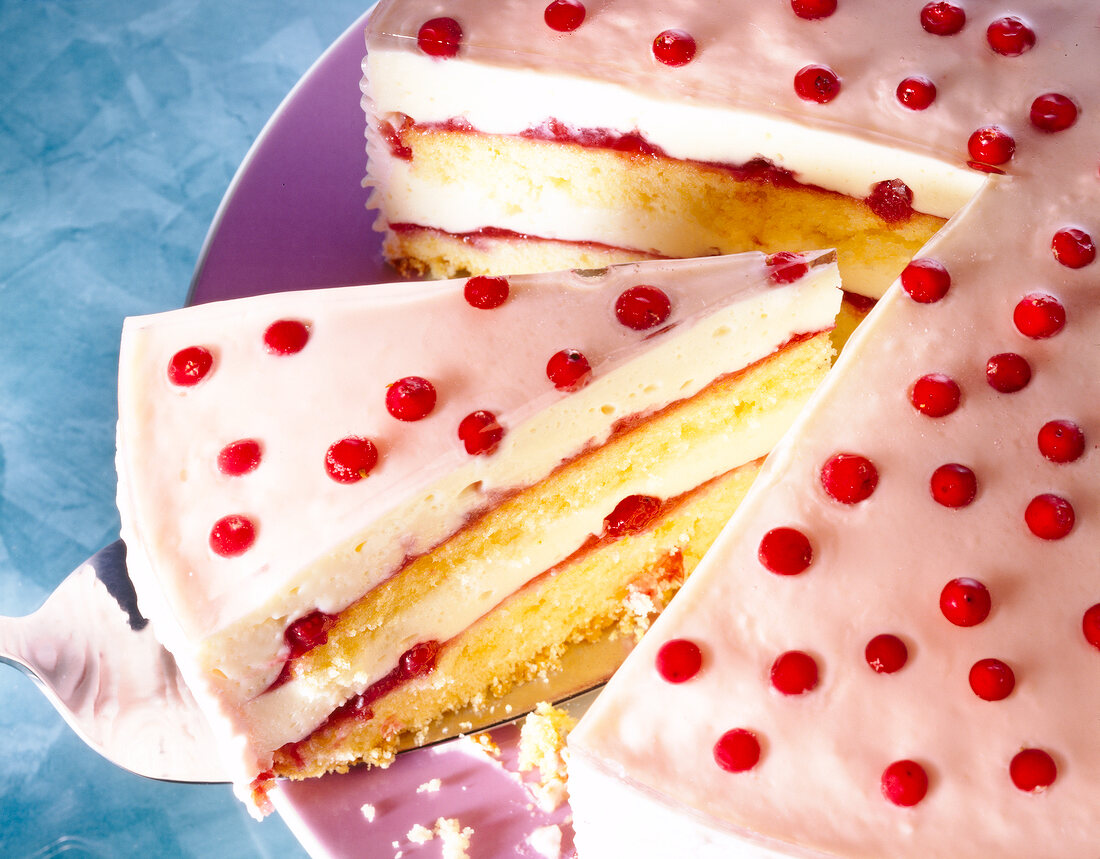 Close-up of cranberry eggnog cake with quark cream on plate