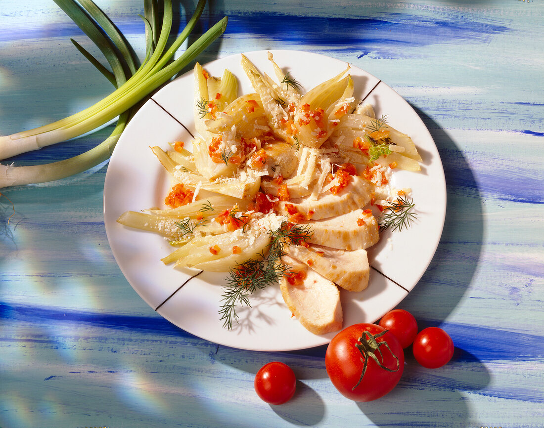 Chicken breast fillet with fennel, tomato and leek on plate