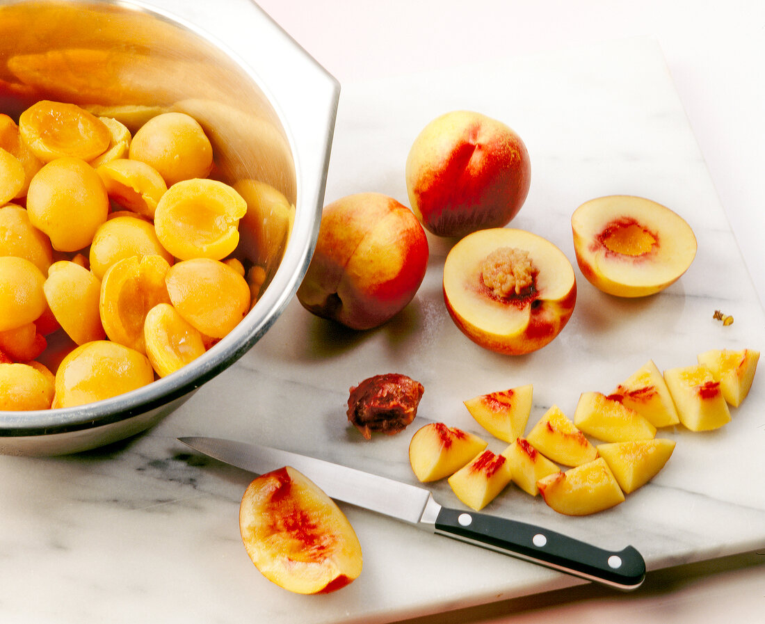 Slices and pieces of nectarines and apricots without seeds