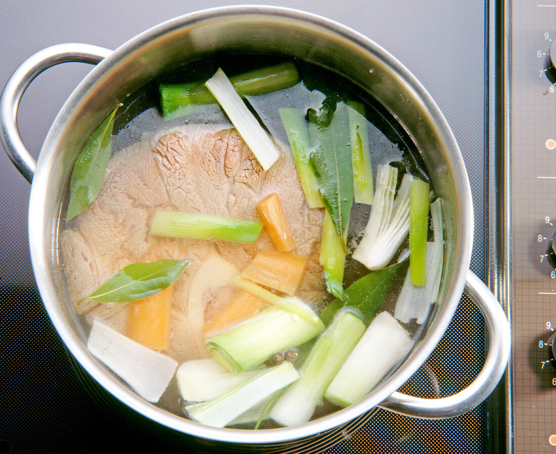 Close-up of meat and vegetables in cooking pot