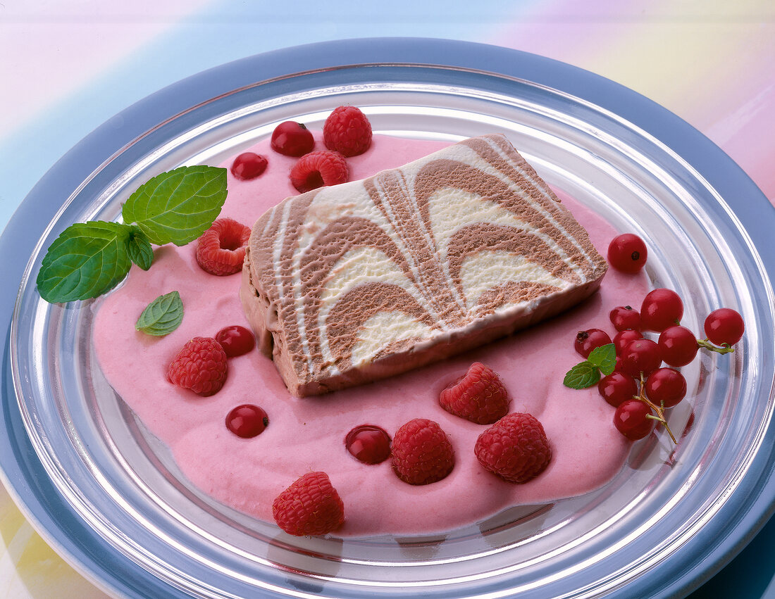 Ice cream with raspberry sauce on plate