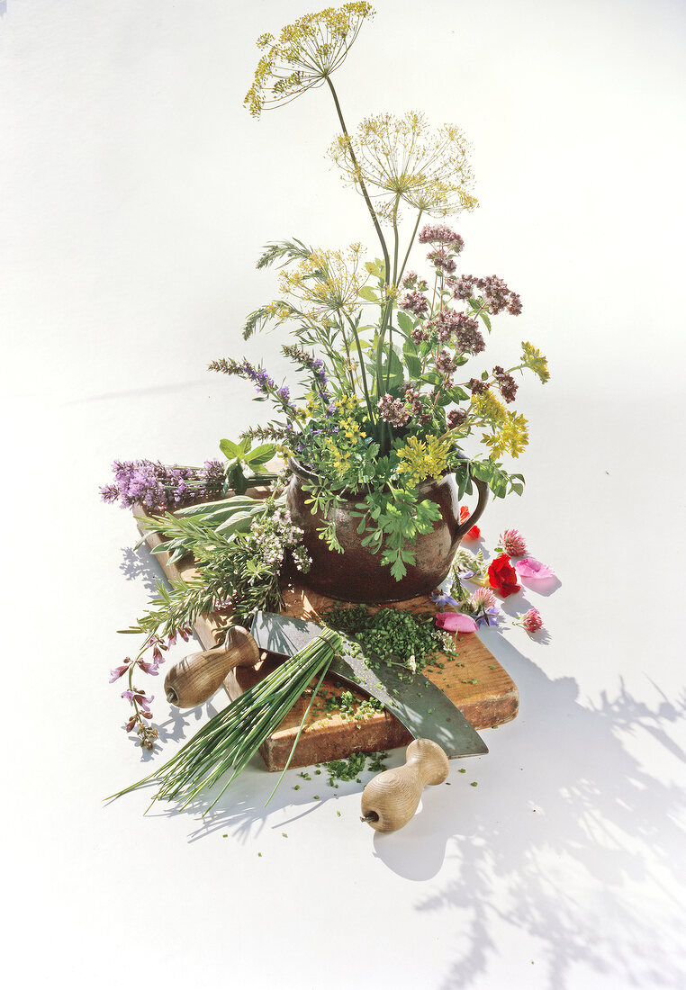 Fresh herbs in pot on wooden board