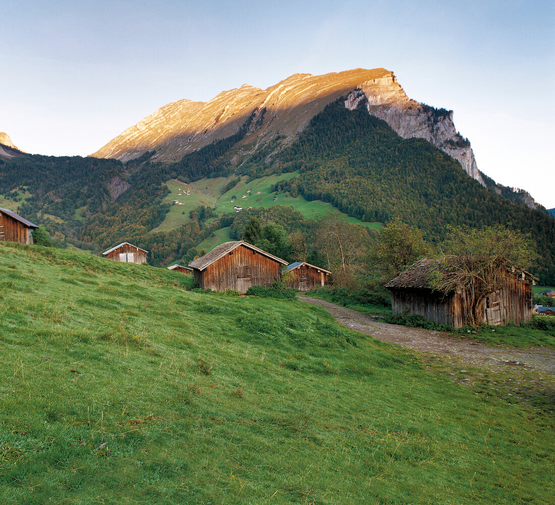View of houses and mountains of Bregenzerwald, Austria