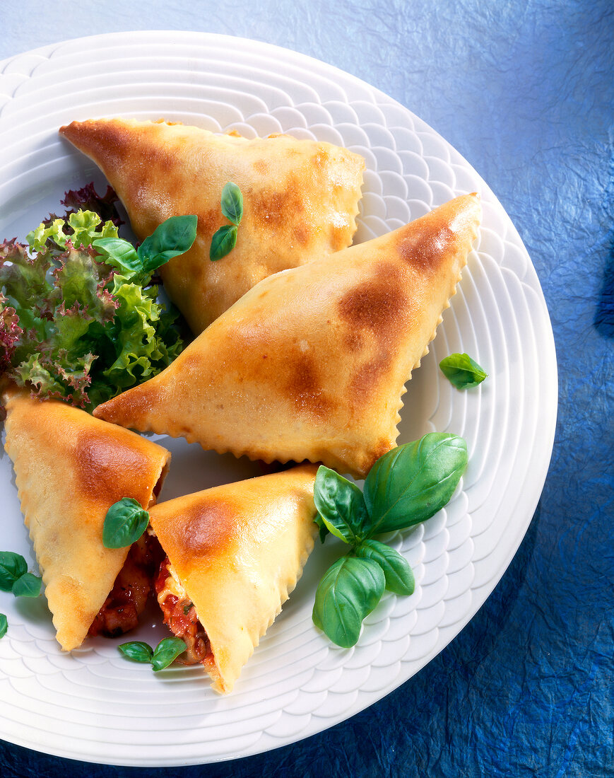 Spicy dumplings with salad and basil on plate