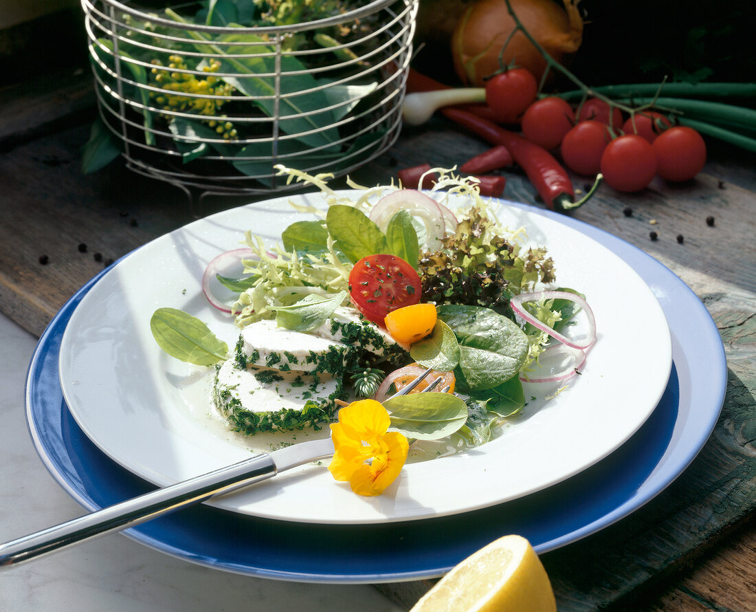 Feta cheese and herbs salads on plate