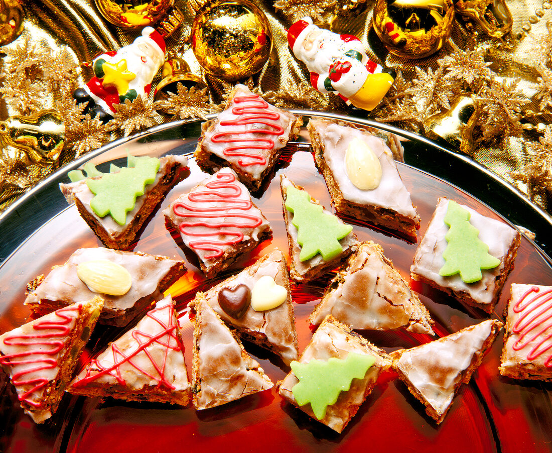 Close-up of chocolate nut slices in dish