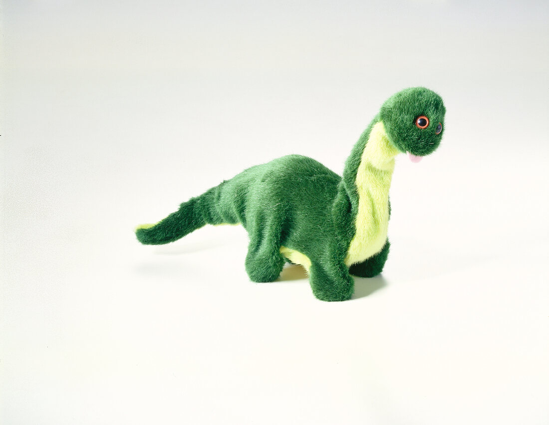 Green plush toy dinosaur on white background