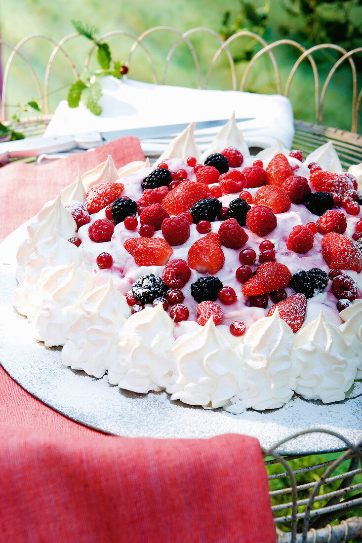 Berry meringue pie on plate