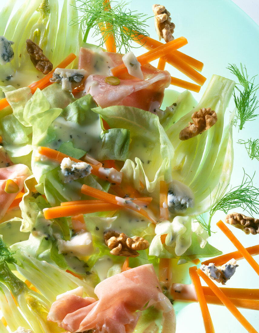 Close-up of fennel salad with mortadella, carrots and walnuts