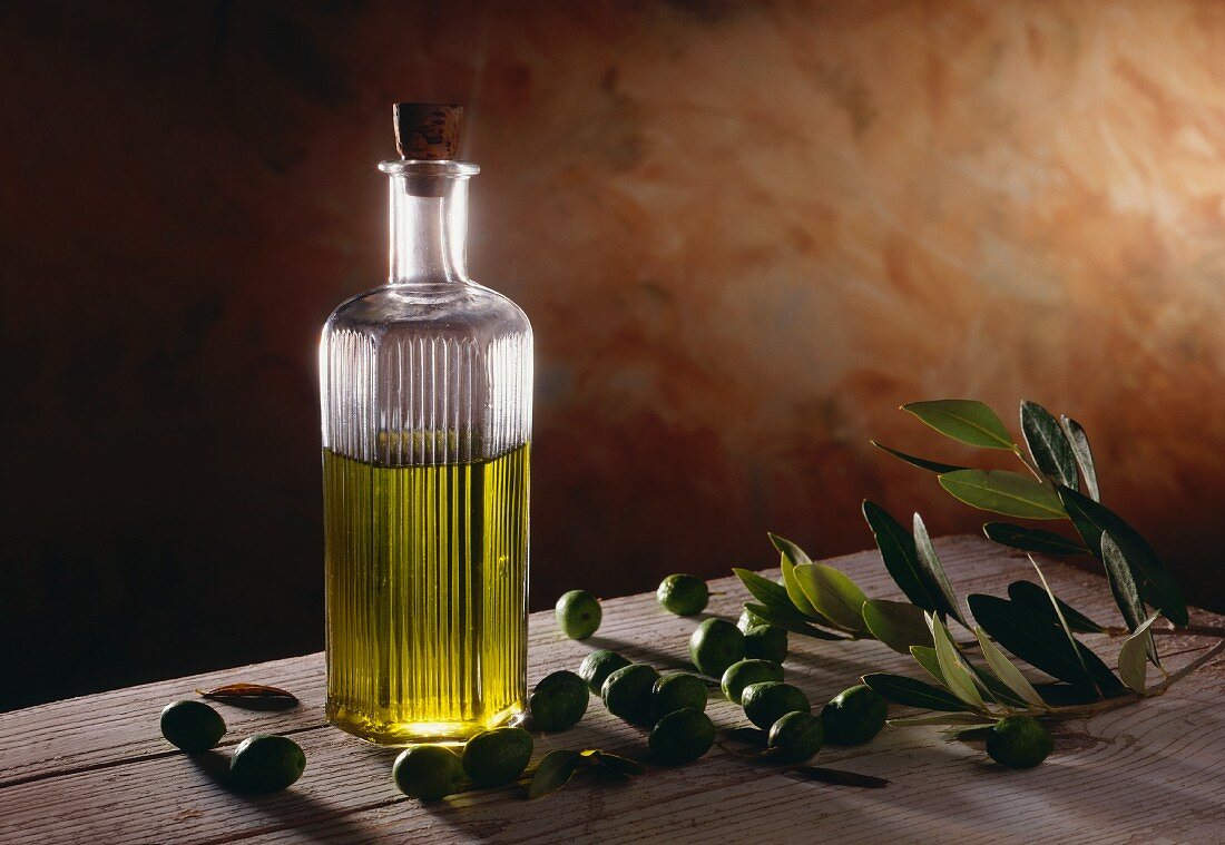 Olive Oil in Bottle; Olives