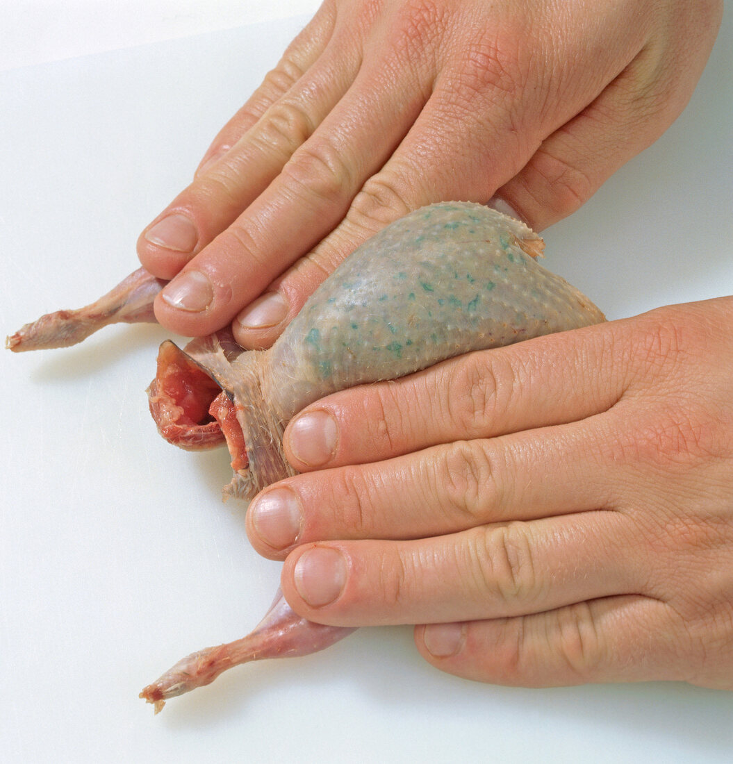 Quail with stuffing being pressed, step 8