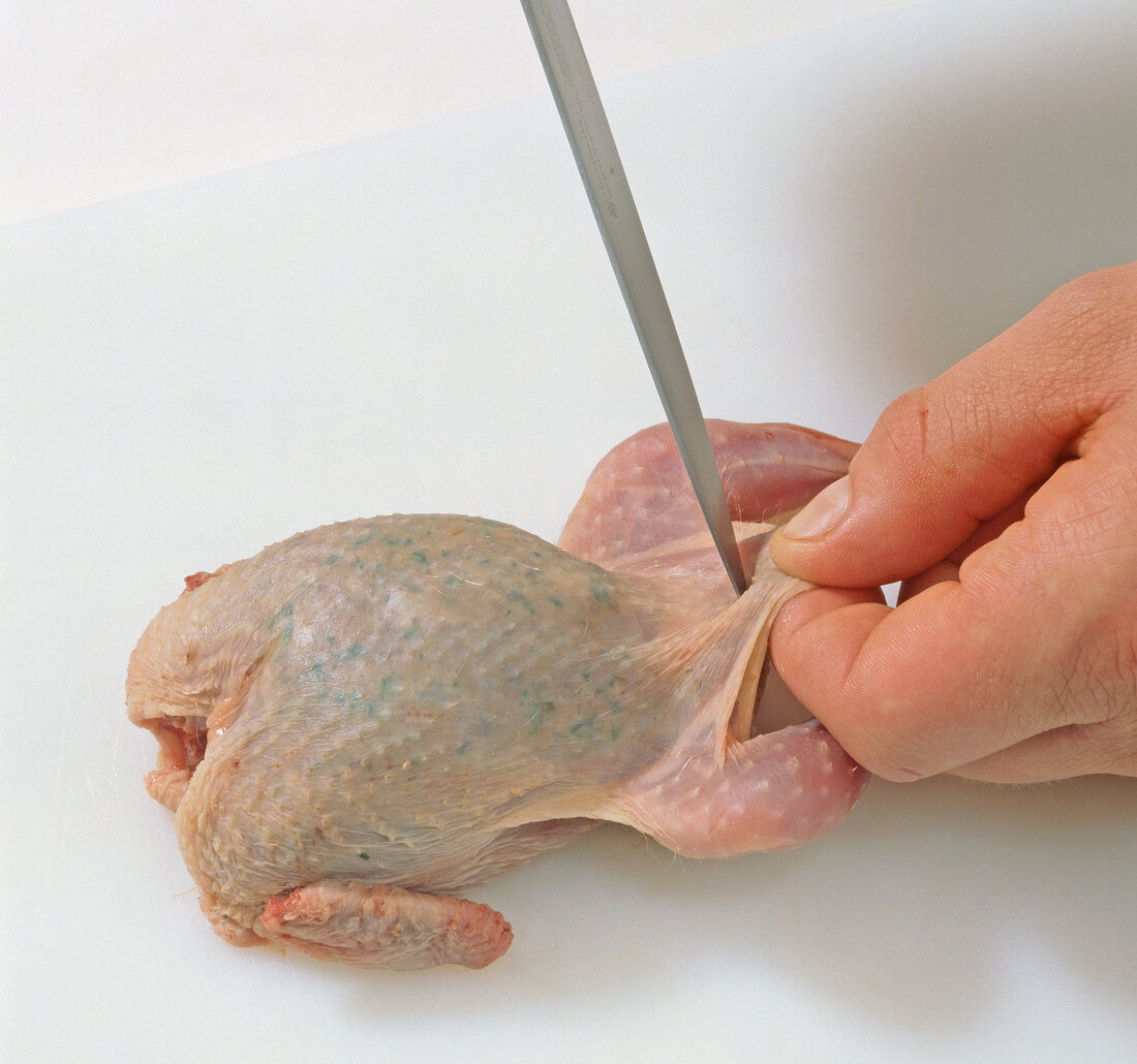Loose skin of quail being cut, step 9