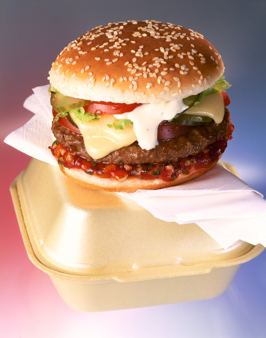 Close-up of cheeseburger on a lunch box