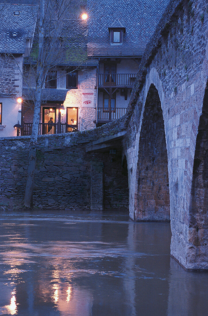 View of Restaurant du Vieux Pont in Belcastel, Southern France, France
