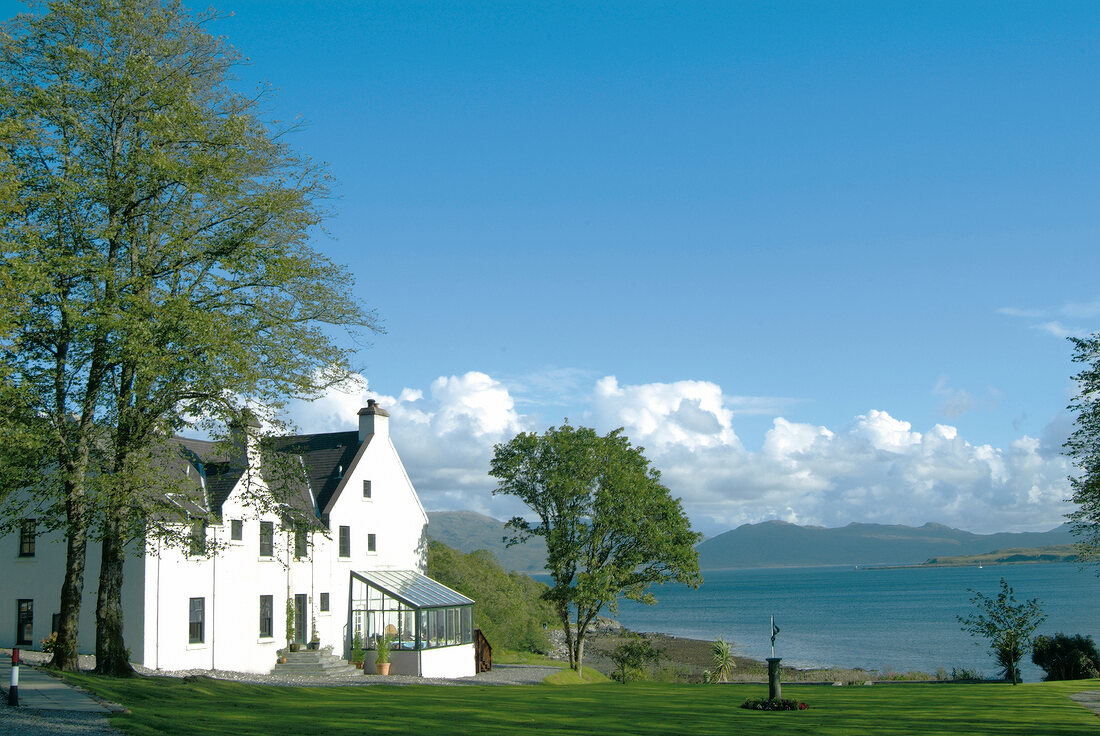 View of The Kinloch Lodge on Isle of Skye and sea, Scotland