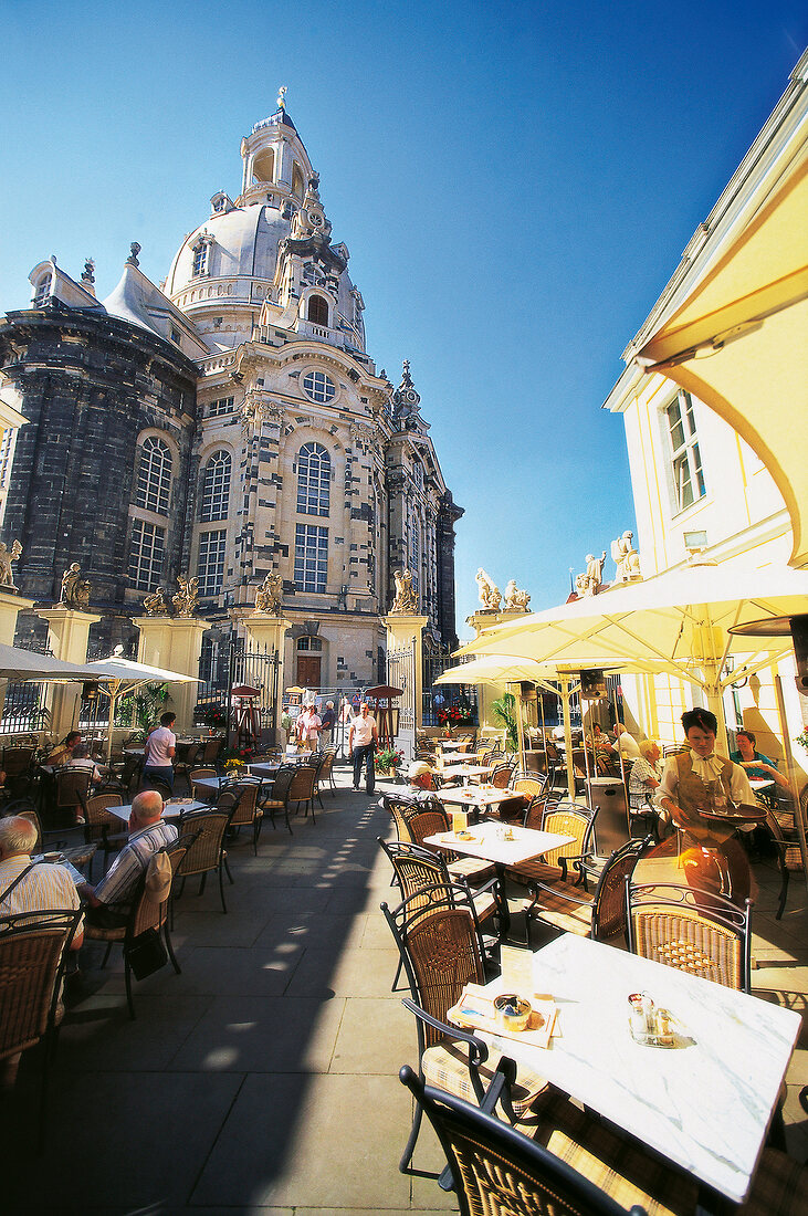 View of people in cafe in Coselpalais of Frauenkirche, Dresden, Germany