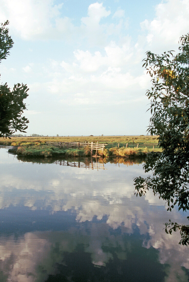 Sumpflandschaft des "Parc Naturel de Brière", Wasser und Felder