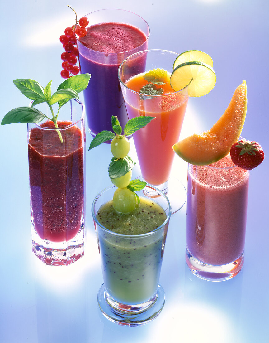 Five different fruit juice in glasses