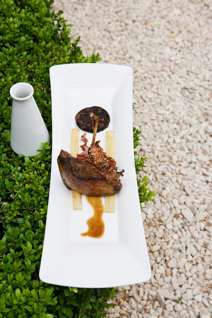Roast pigeon with black pudding, red rice and gravy of Turkish coffee in serving dish