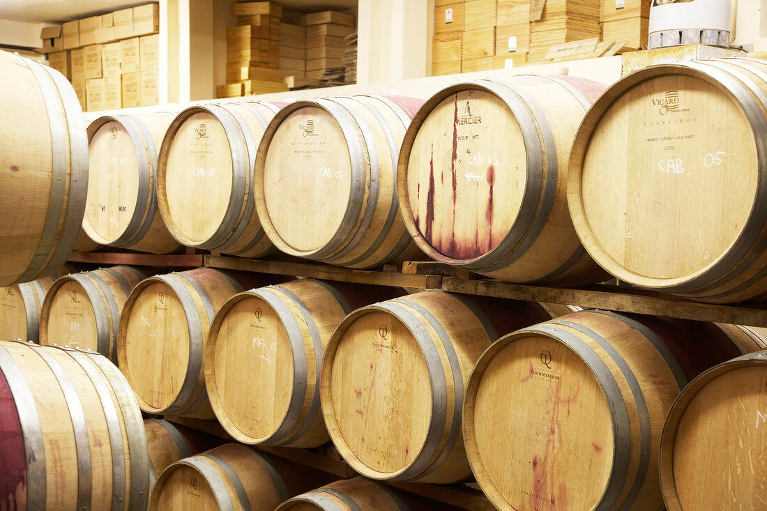 View of stacked wine barrels in DeWaal Wines, South Africa