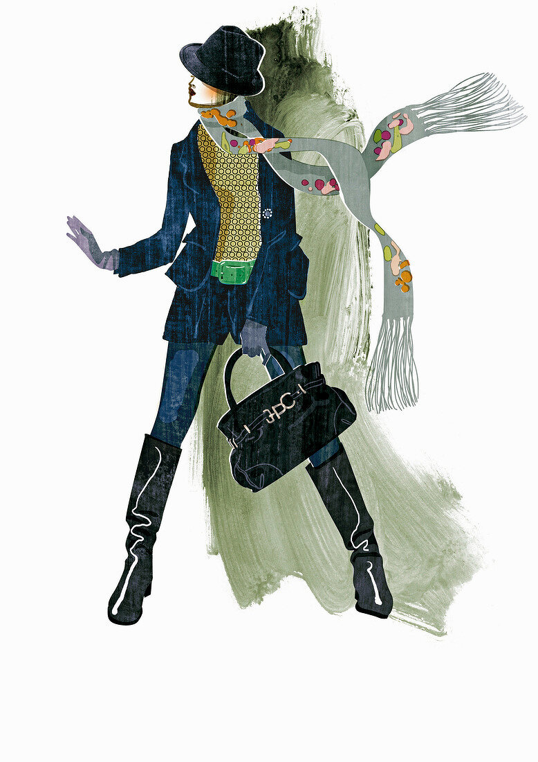 Mode-Illustration: Frau im ausgefallenen Herbstoutfit