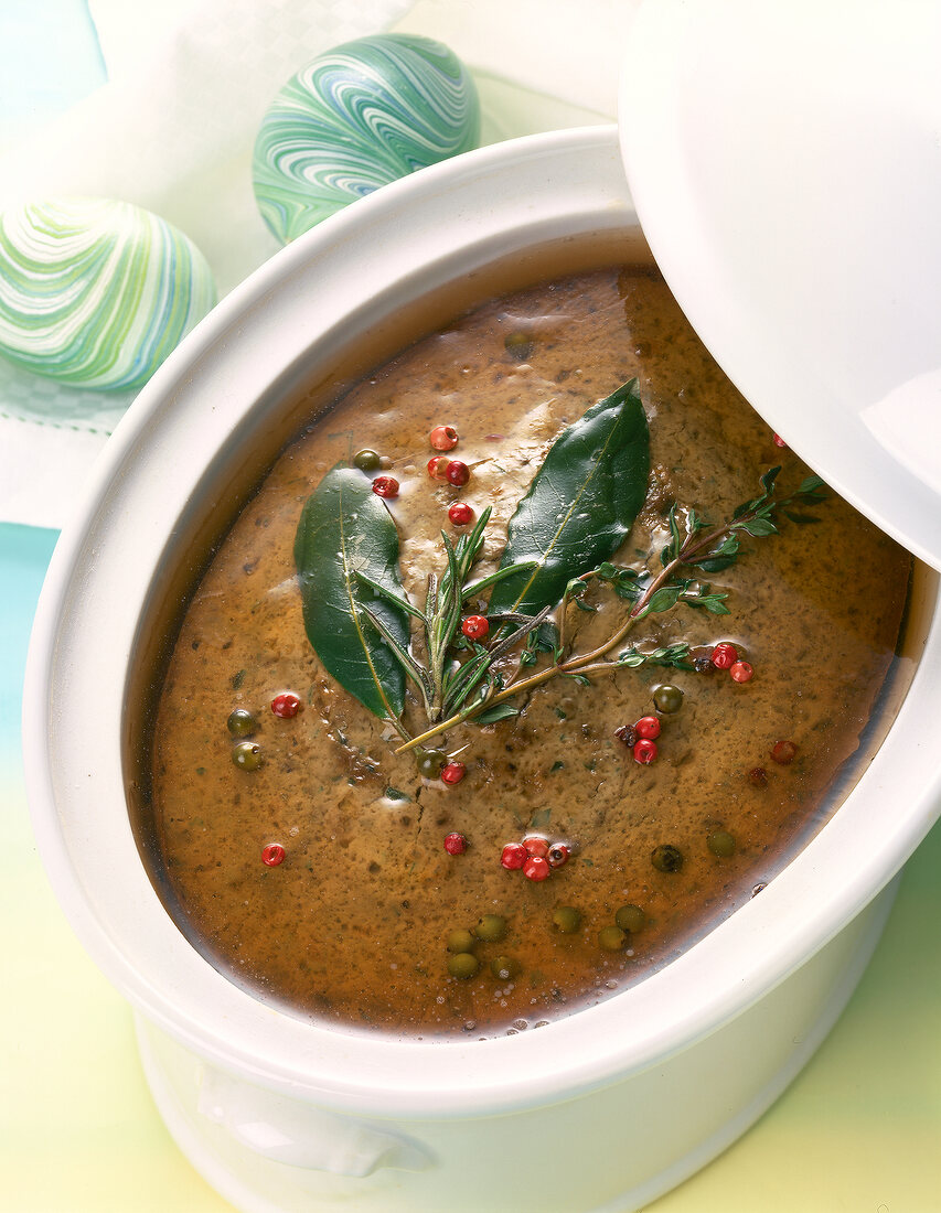 Chicken liver terrine in shape in serving bowl