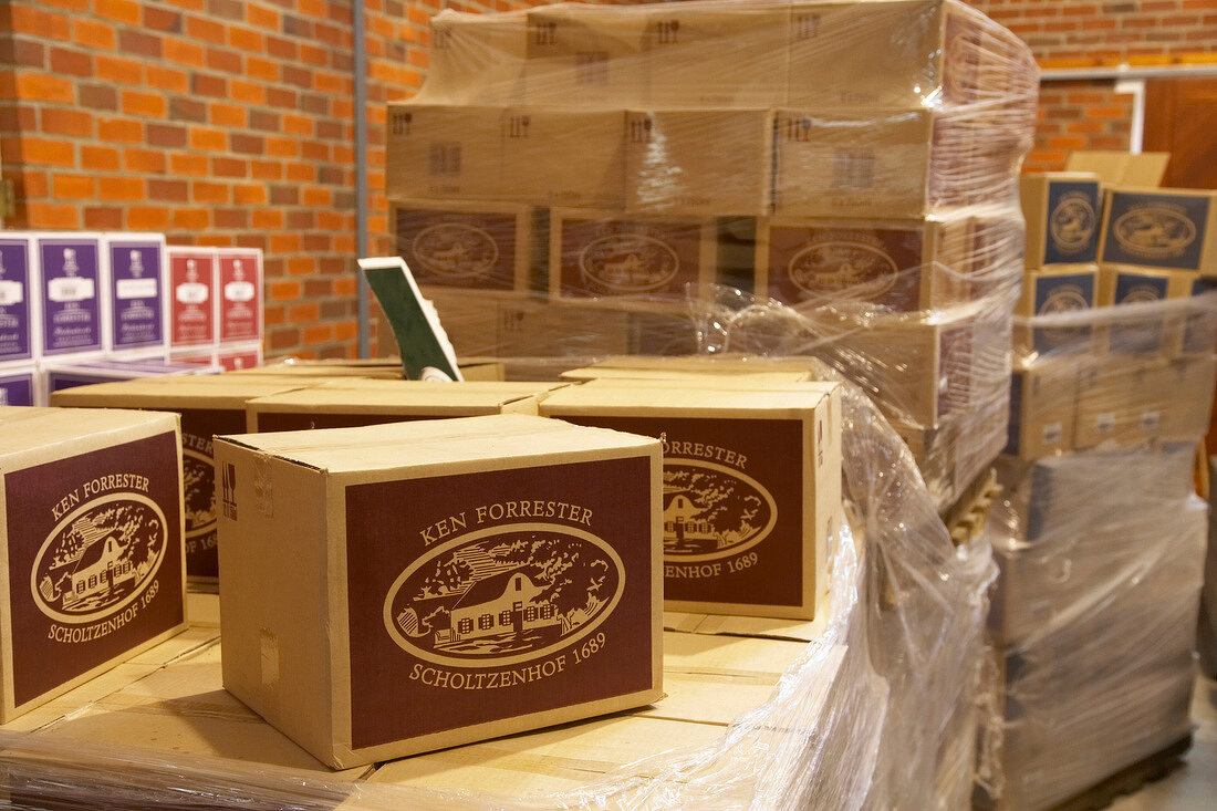 Boxes of wine bottles in Ken Forrester Winery, Stellenbosch, South Africa