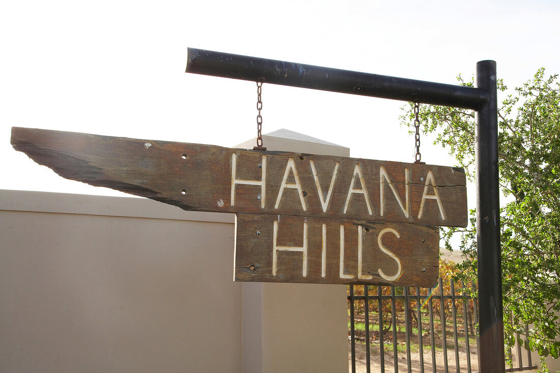 Close-up of Havana Hill Winery sign board in Philadelphia, South Africa