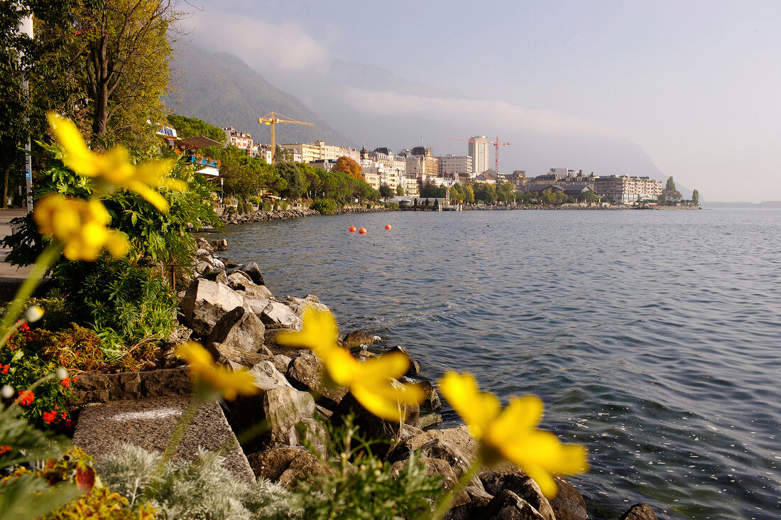 Blick auf Montreux am Ufer des Genfer Sees.