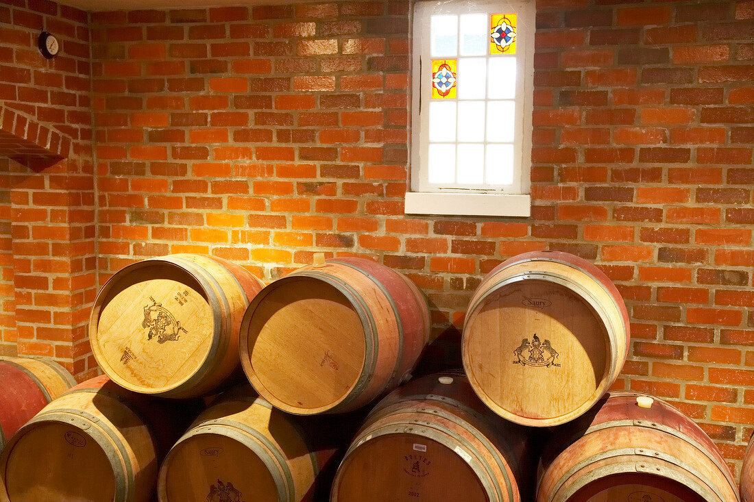 Stack of wine barrels at Ken Forrester Winery, Stellenbosch, South Africa