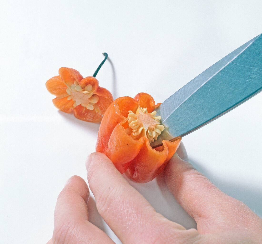 Paprika being deseeded with knife, step 1