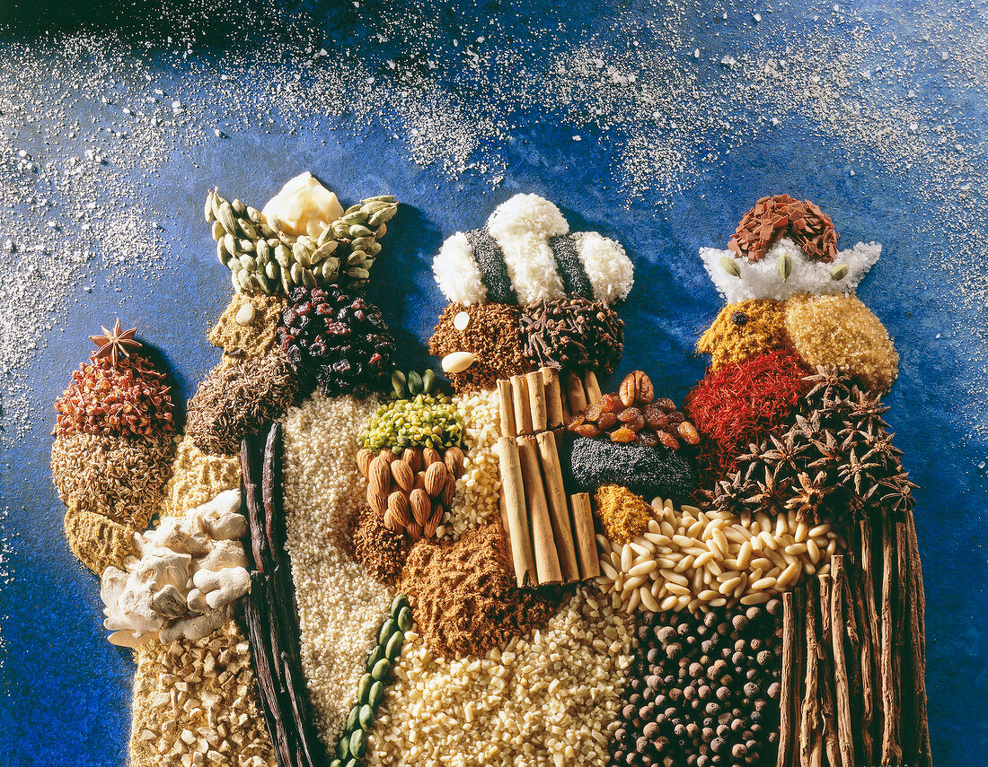 Variety of spices kept in shape of three kings of Christmas story