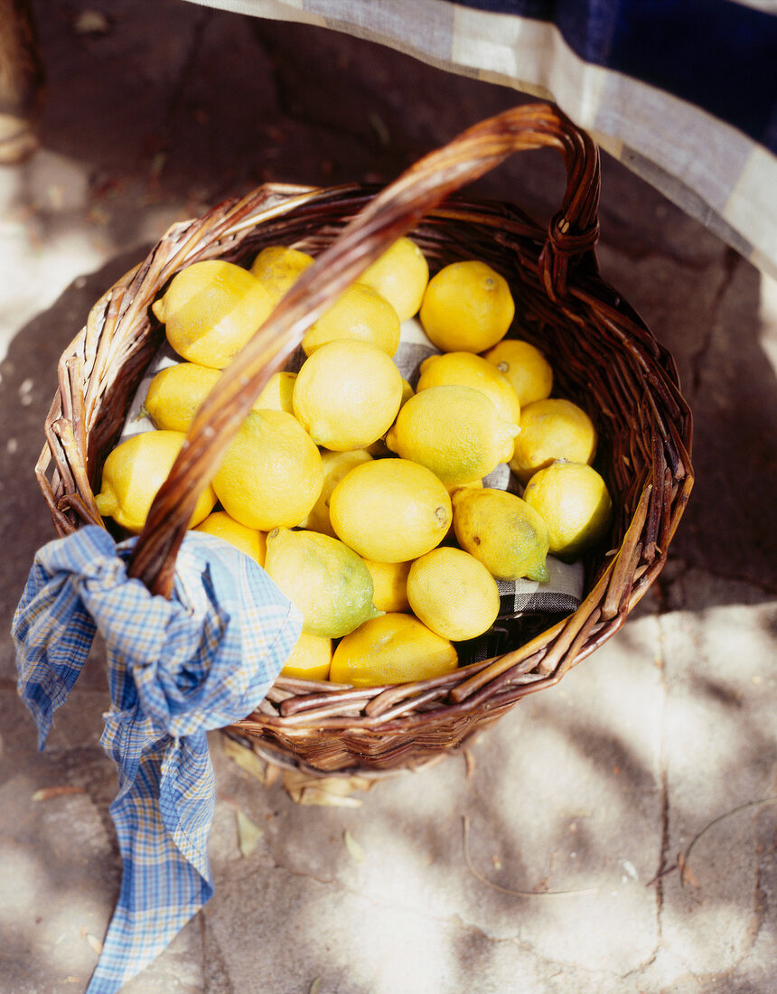 Lemons in wooden basket