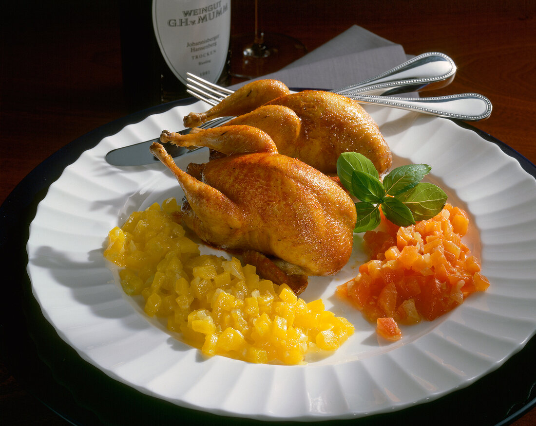 Two quail meat with chopped peppers on plate