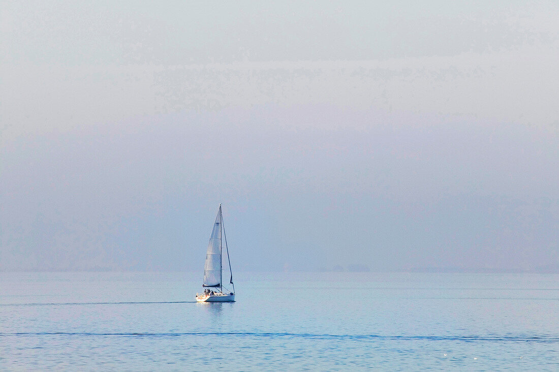 View of sail boat in sea from Vastra Hamnen, Malmo, Sweden