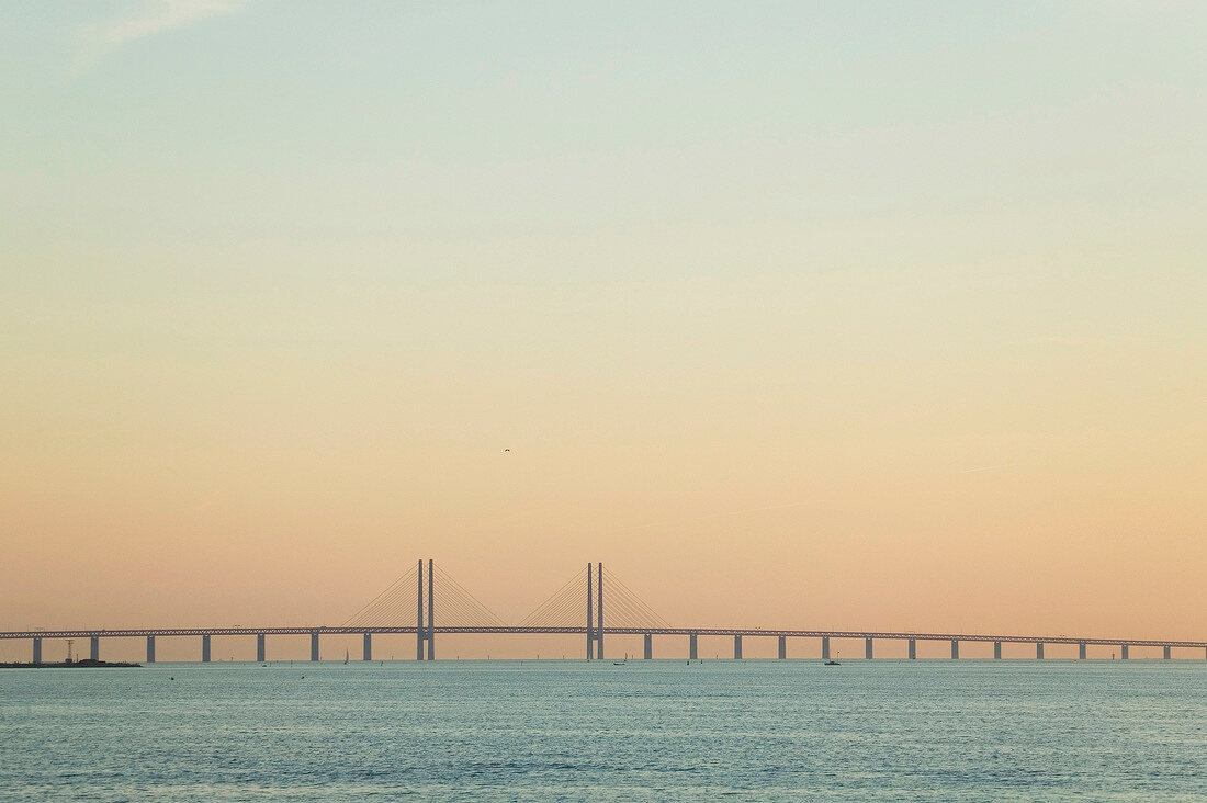 View of Oresund Bridge at dusk, Copenhagen, Denmark