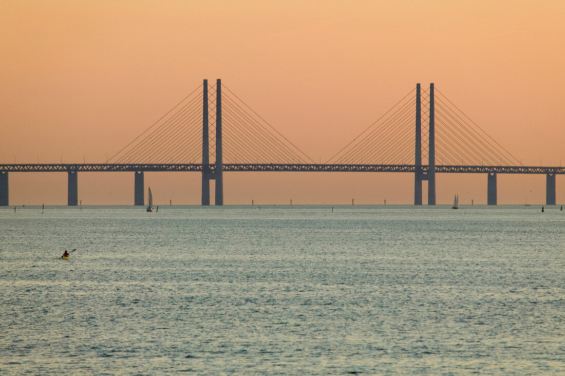 View of Oresund Bridge at dusk, Copenhagen, Denmark