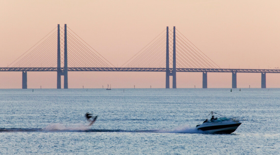 View of Oresund Bridge at dusk, Copenhagen, Denmark