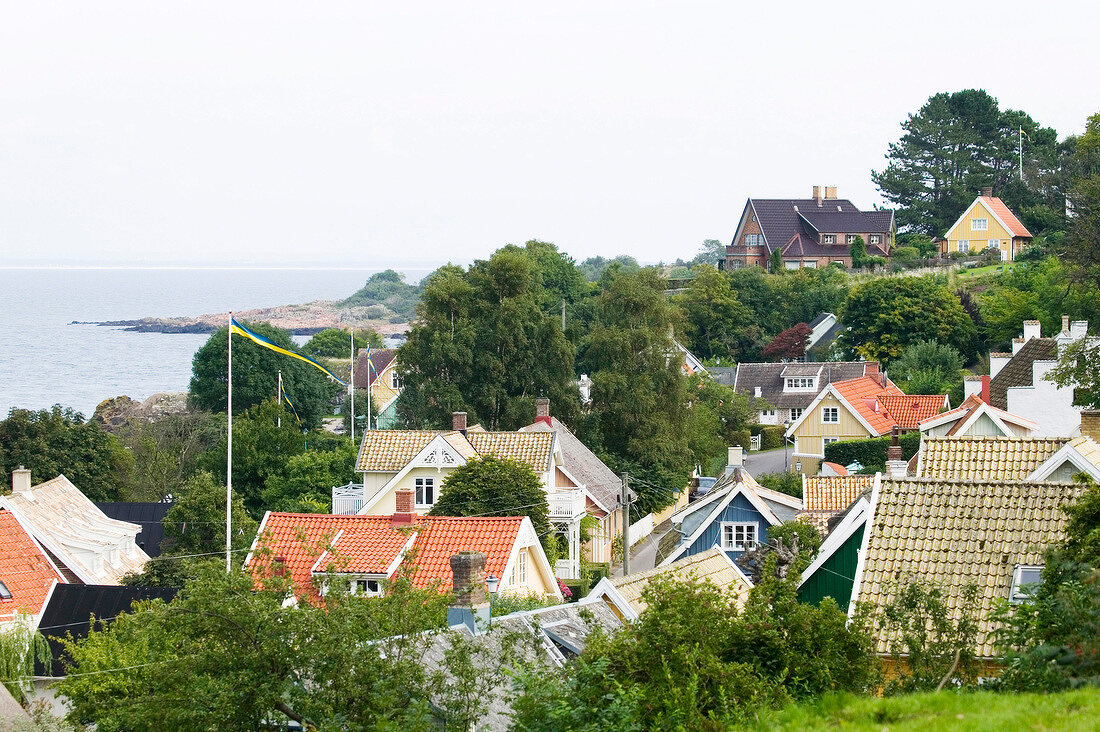 View of houses along Arild coast in Oresund, Sweden