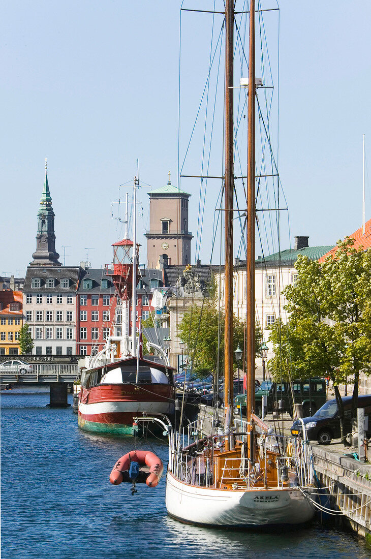 Sailboat moored at Frederiksholms Kanal in Copenhagen, Denmark