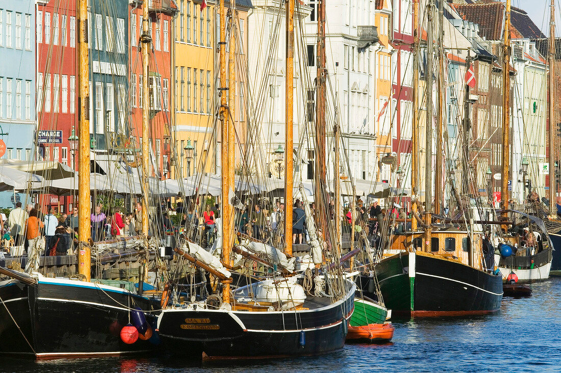 Sailboats moored at Nyhavn canal in Copenhagen, Denmark